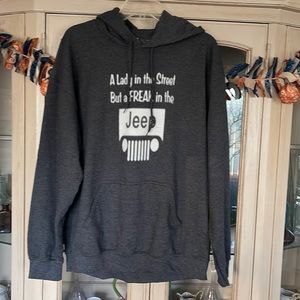Funny Jeep sweatshirt size large, gray with white writing.